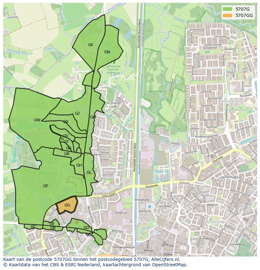 Afbeelding van het postcodegebied 5707 GG op de kaart.