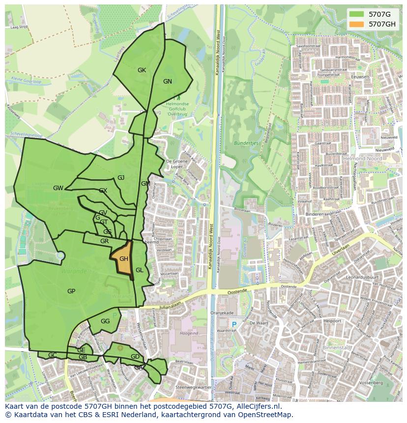 Afbeelding van het postcodegebied 5707 GH op de kaart.