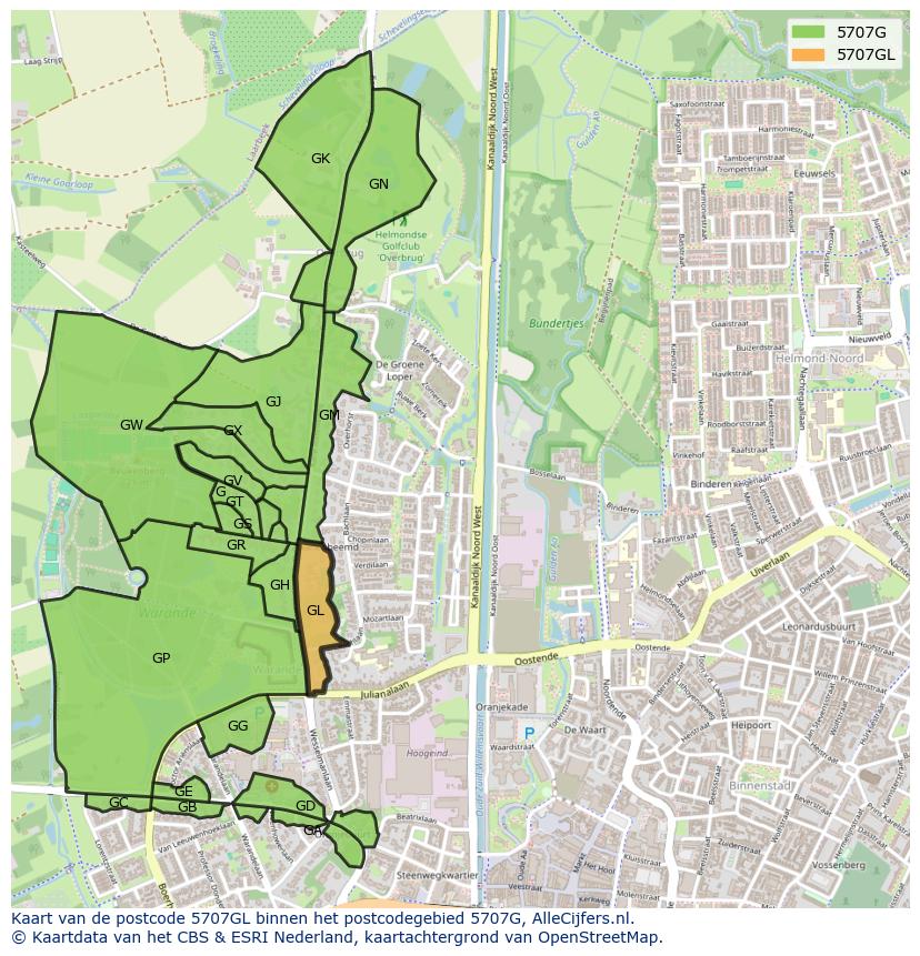 Afbeelding van het postcodegebied 5707 GL op de kaart.