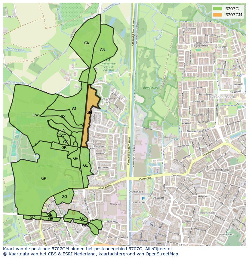 Afbeelding van het postcodegebied 5707 GM op de kaart.
