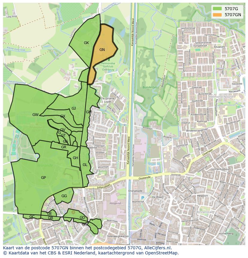 Afbeelding van het postcodegebied 5707 GN op de kaart.