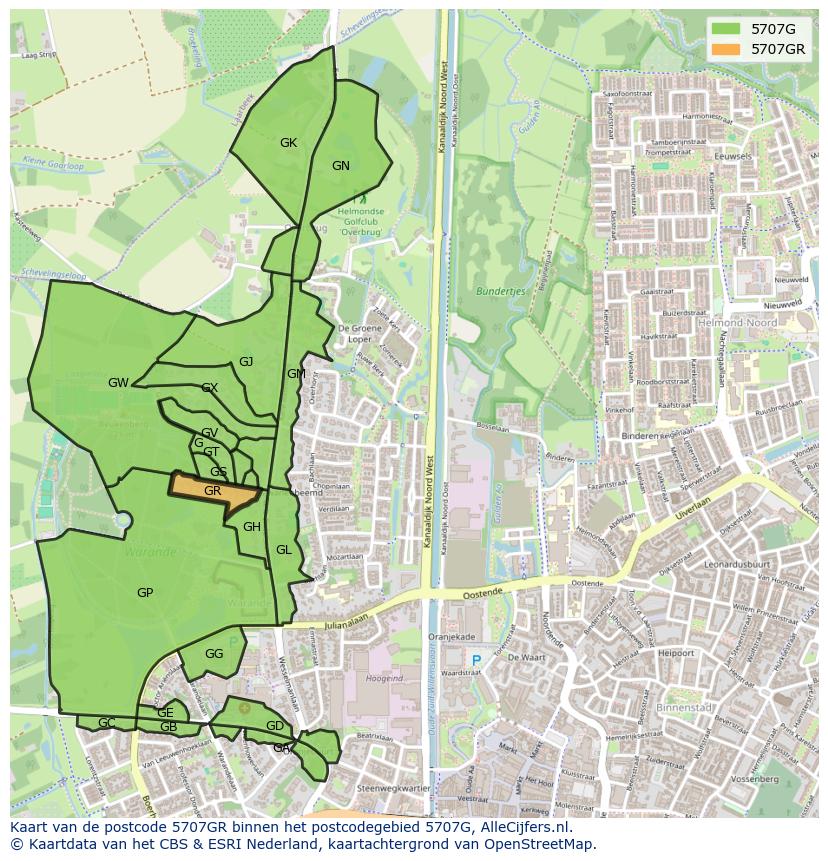 Afbeelding van het postcodegebied 5707 GR op de kaart.