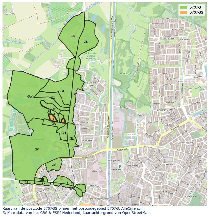 Afbeelding van het postcodegebied 5707 GS op de kaart.