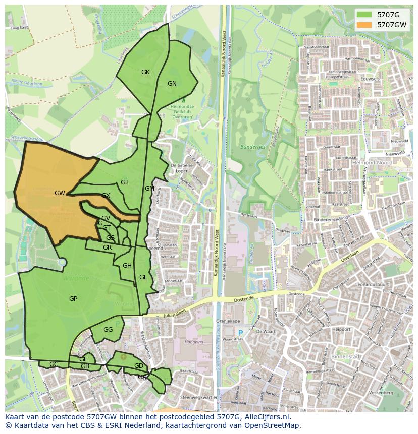 Afbeelding van het postcodegebied 5707 GW op de kaart.