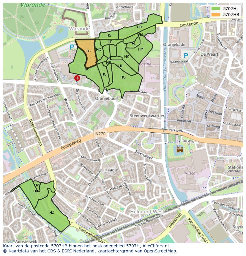 Afbeelding van het postcodegebied 5707 HB op de kaart.