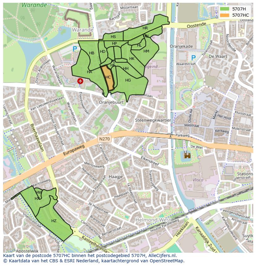 Afbeelding van het postcodegebied 5707 HC op de kaart.