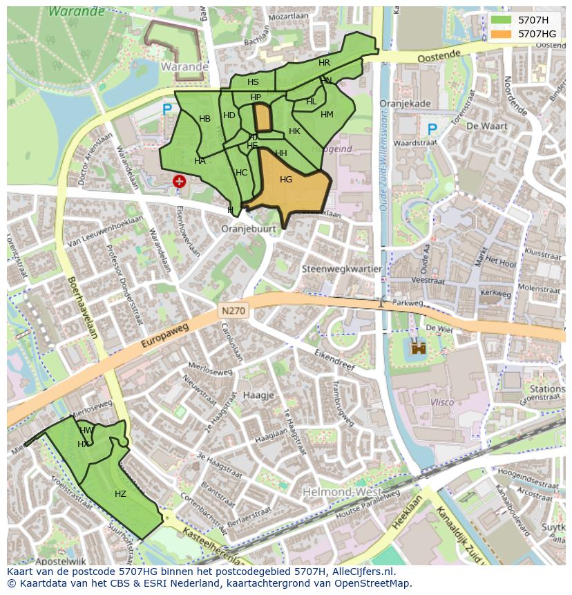 Afbeelding van het postcodegebied 5707 HG op de kaart.