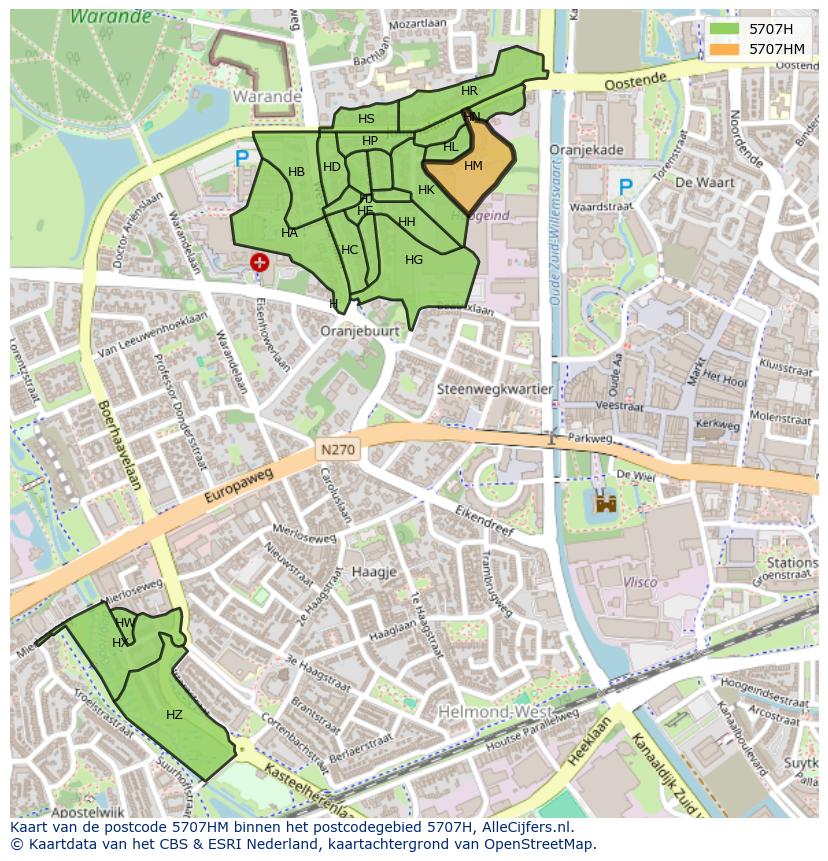 Afbeelding van het postcodegebied 5707 HM op de kaart.