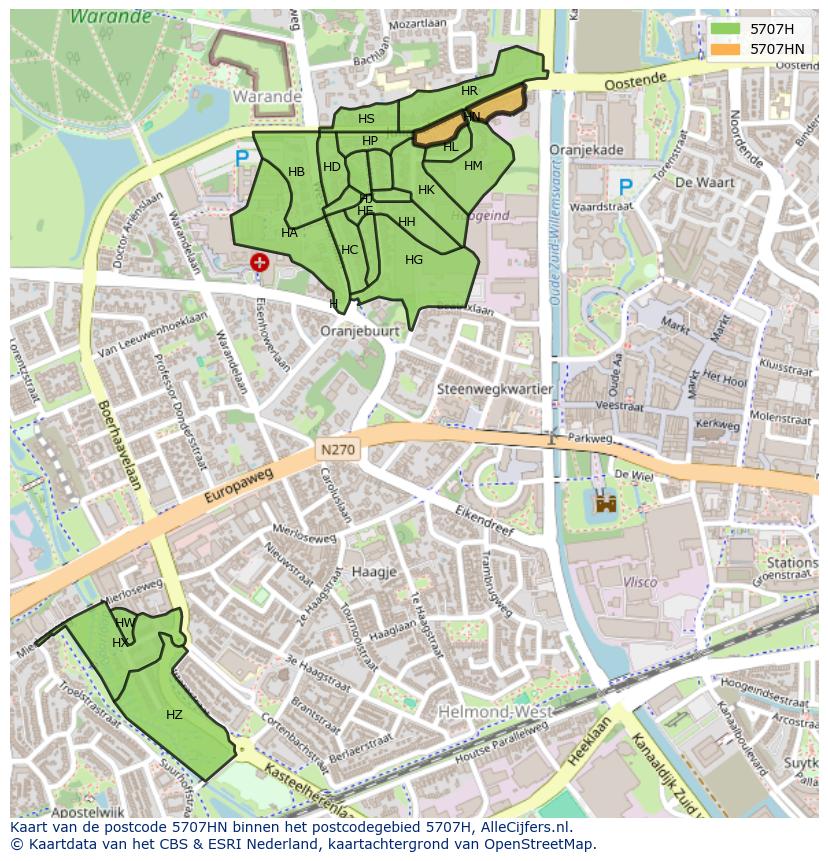 Afbeelding van het postcodegebied 5707 HN op de kaart.