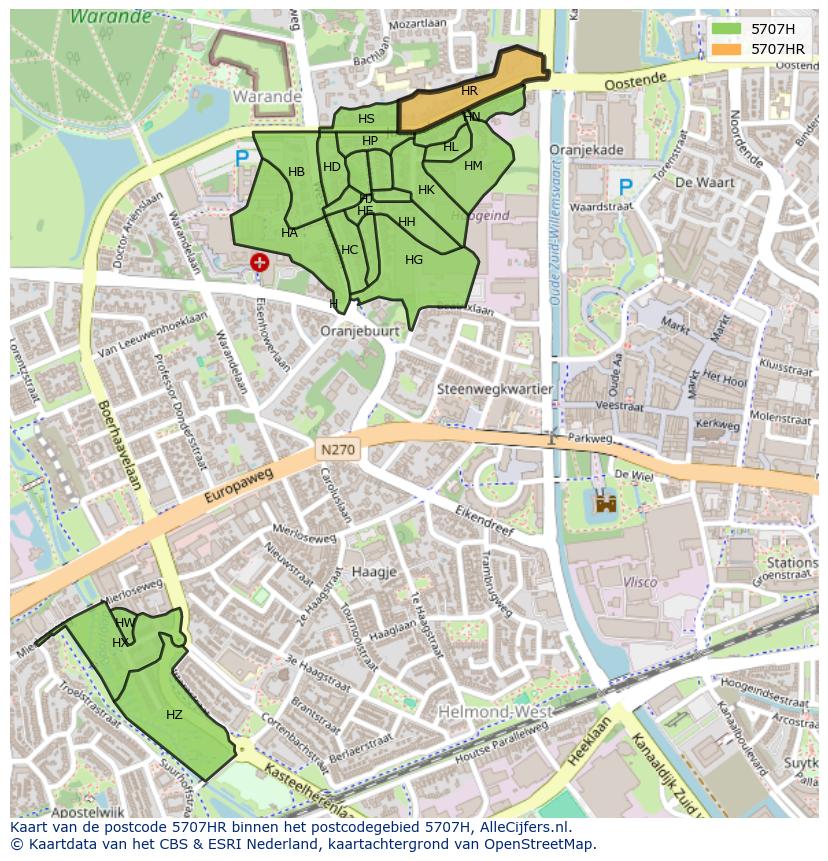 Afbeelding van het postcodegebied 5707 HR op de kaart.