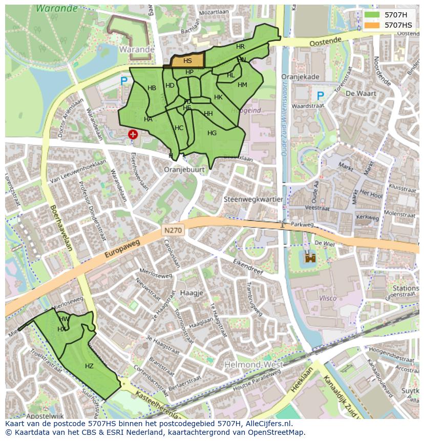 Afbeelding van het postcodegebied 5707 HS op de kaart.