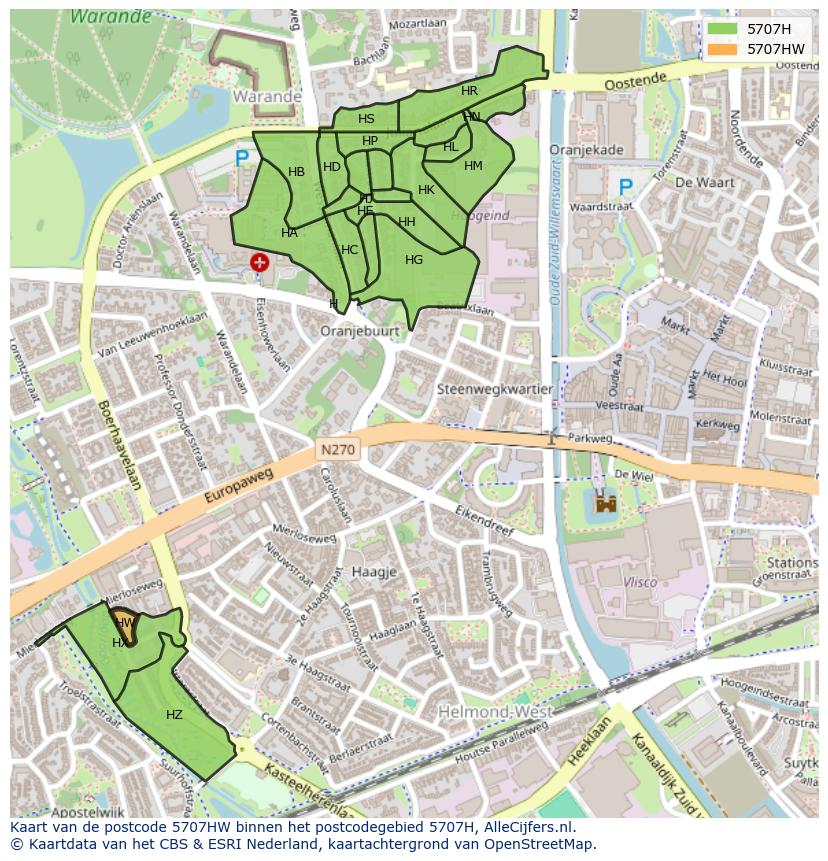 Afbeelding van het postcodegebied 5707 HW op de kaart.
