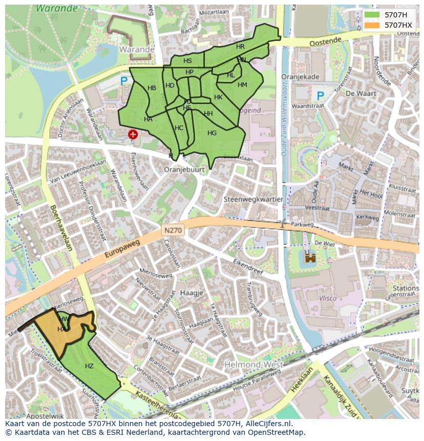 Afbeelding van het postcodegebied 5707 HX op de kaart.