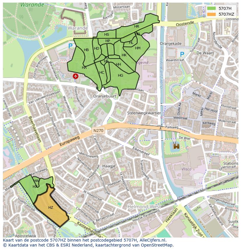 Afbeelding van het postcodegebied 5707 HZ op de kaart.