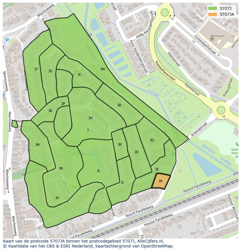 Afbeelding van het postcodegebied 5707 JA op de kaart.