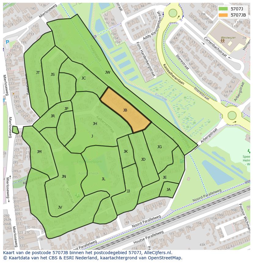 Afbeelding van het postcodegebied 5707 JB op de kaart.