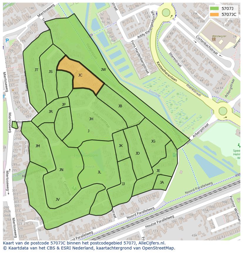 Afbeelding van het postcodegebied 5707 JC op de kaart.