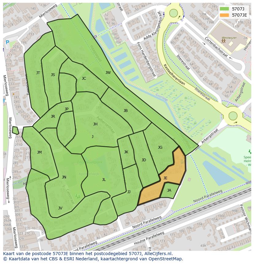 Afbeelding van het postcodegebied 5707 JE op de kaart.