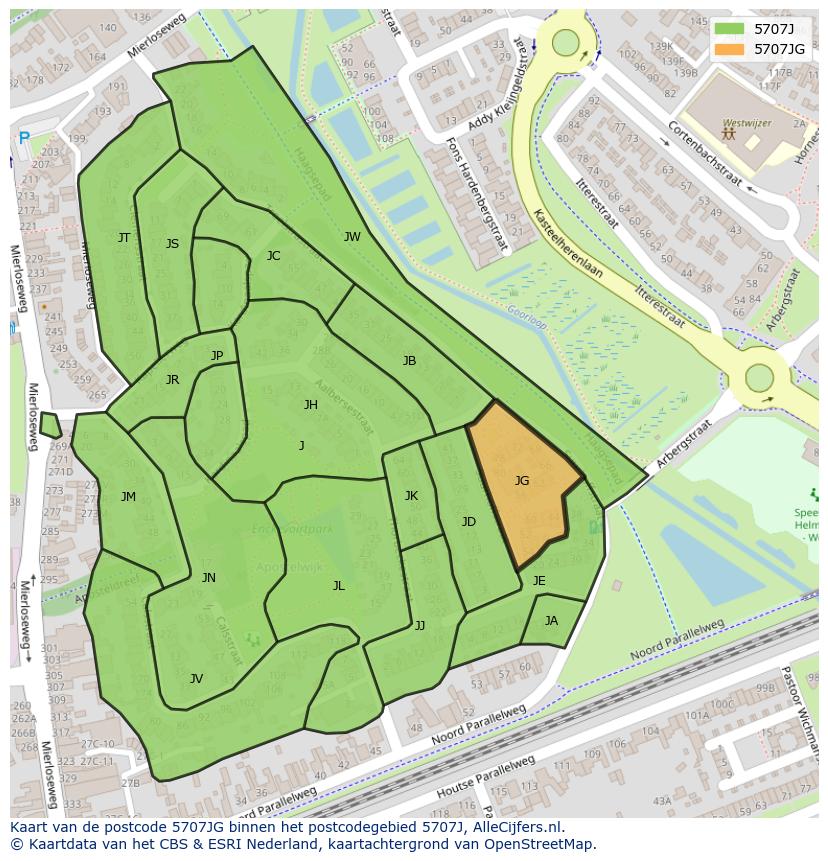 Afbeelding van het postcodegebied 5707 JG op de kaart.