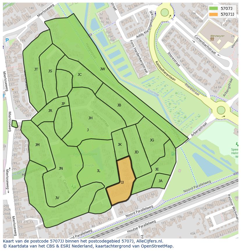 Afbeelding van het postcodegebied 5707 JJ op de kaart.