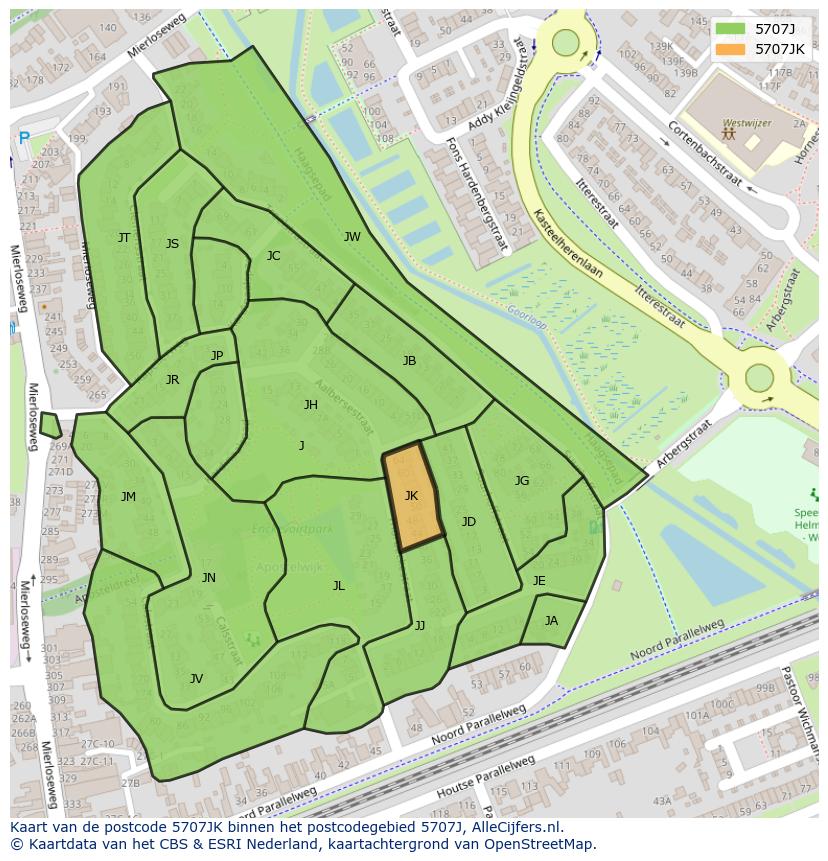Afbeelding van het postcodegebied 5707 JK op de kaart.