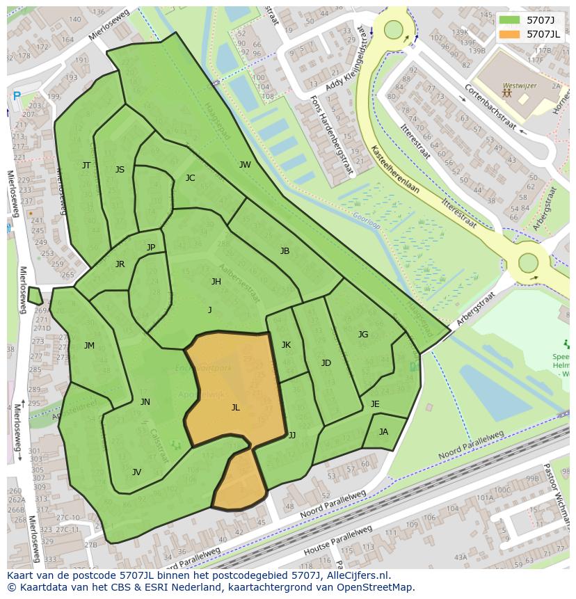 Afbeelding van het postcodegebied 5707 JL op de kaart.