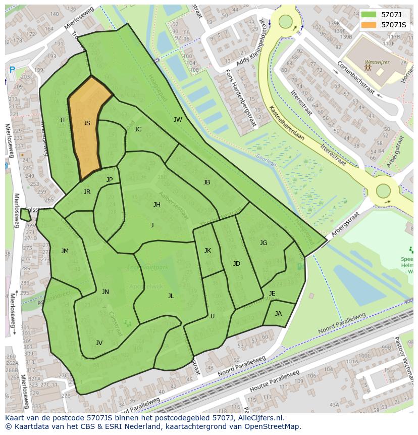 Afbeelding van het postcodegebied 5707 JS op de kaart.