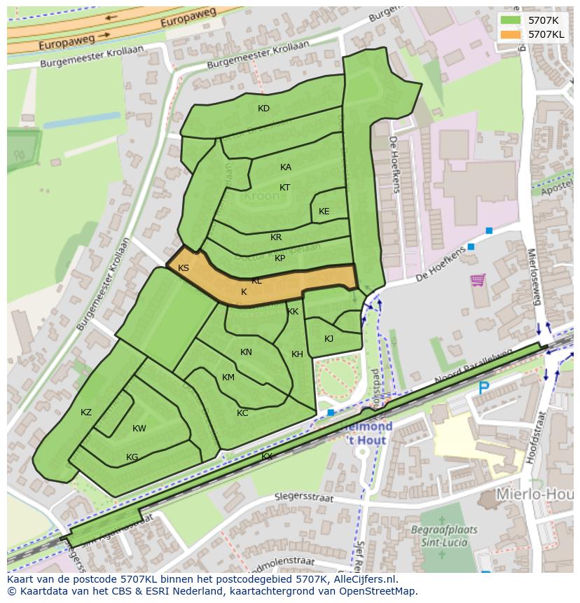 Afbeelding van het postcodegebied 5707 KL op de kaart.
