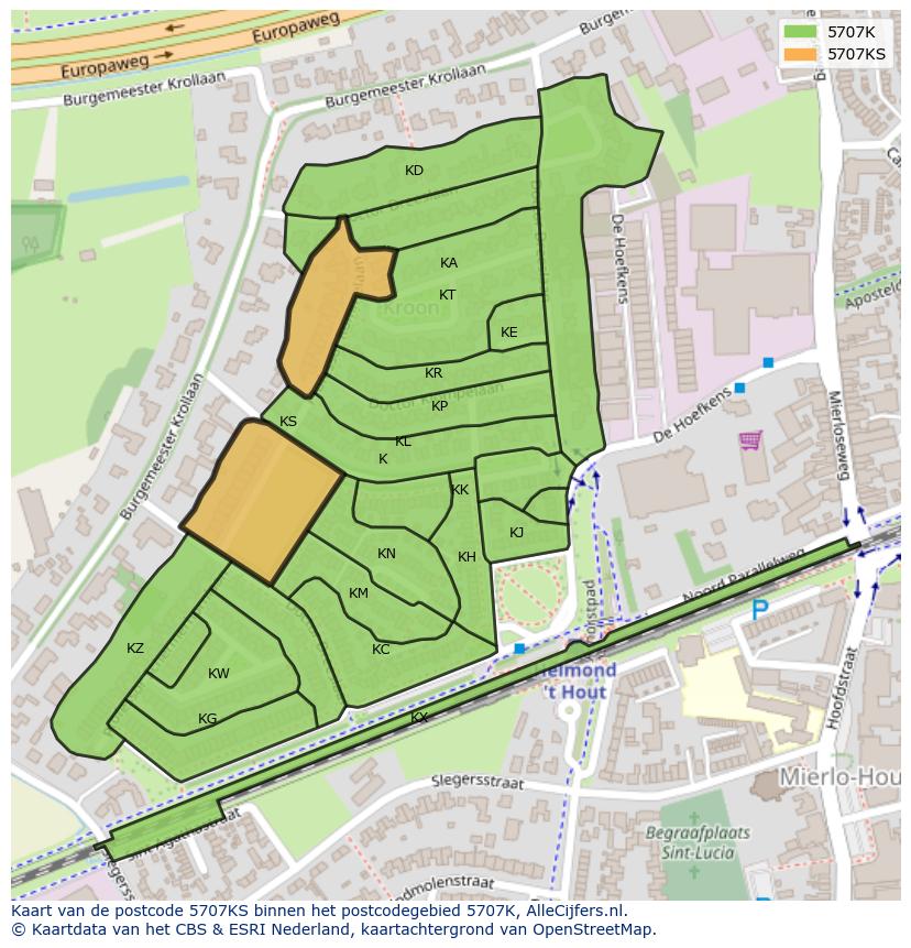 Afbeelding van het postcodegebied 5707 KS op de kaart.