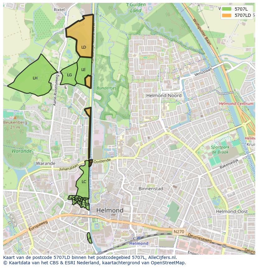 Afbeelding van het postcodegebied 5707 LD op de kaart.