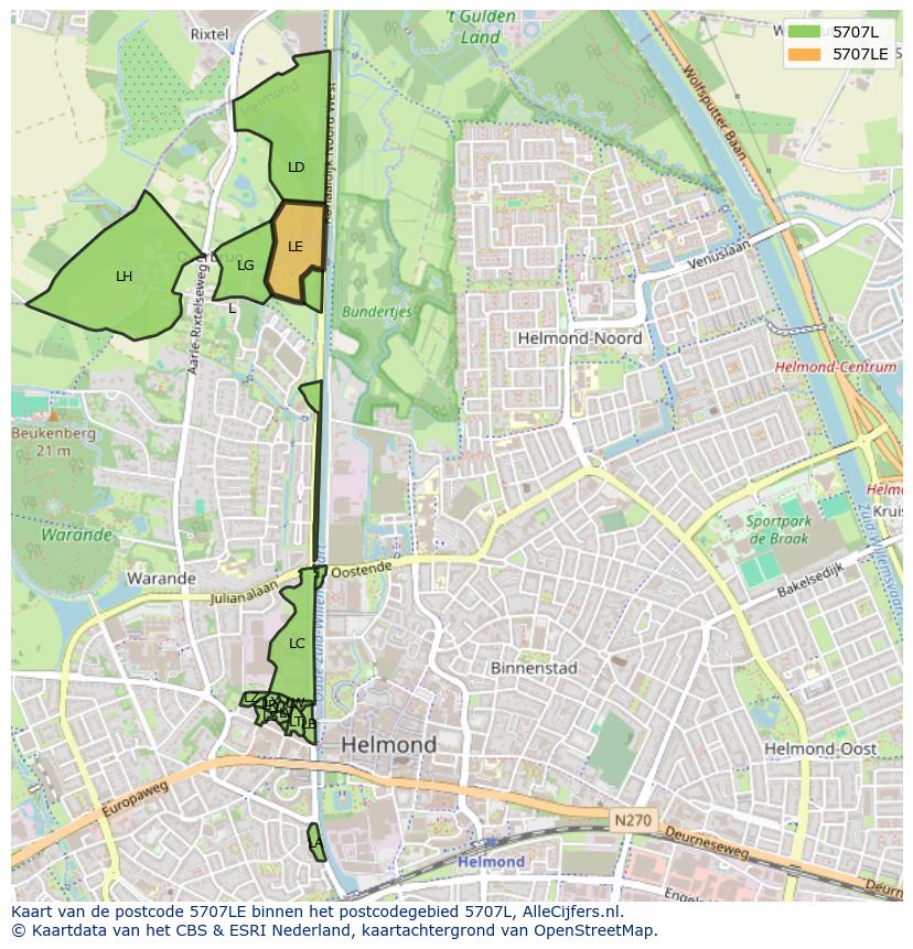 Afbeelding van het postcodegebied 5707 LE op de kaart.
