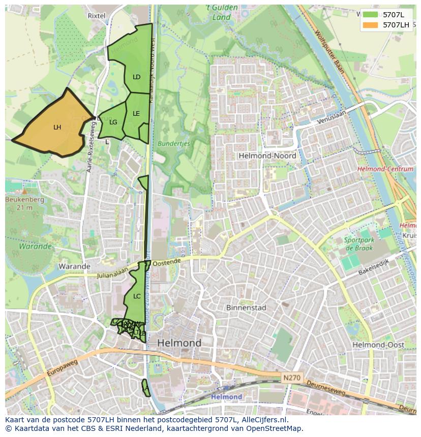 Afbeelding van het postcodegebied 5707 LH op de kaart.