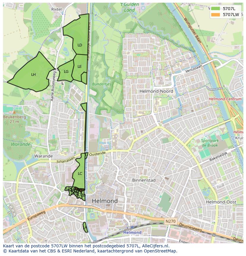 Afbeelding van het postcodegebied 5707 LW op de kaart.