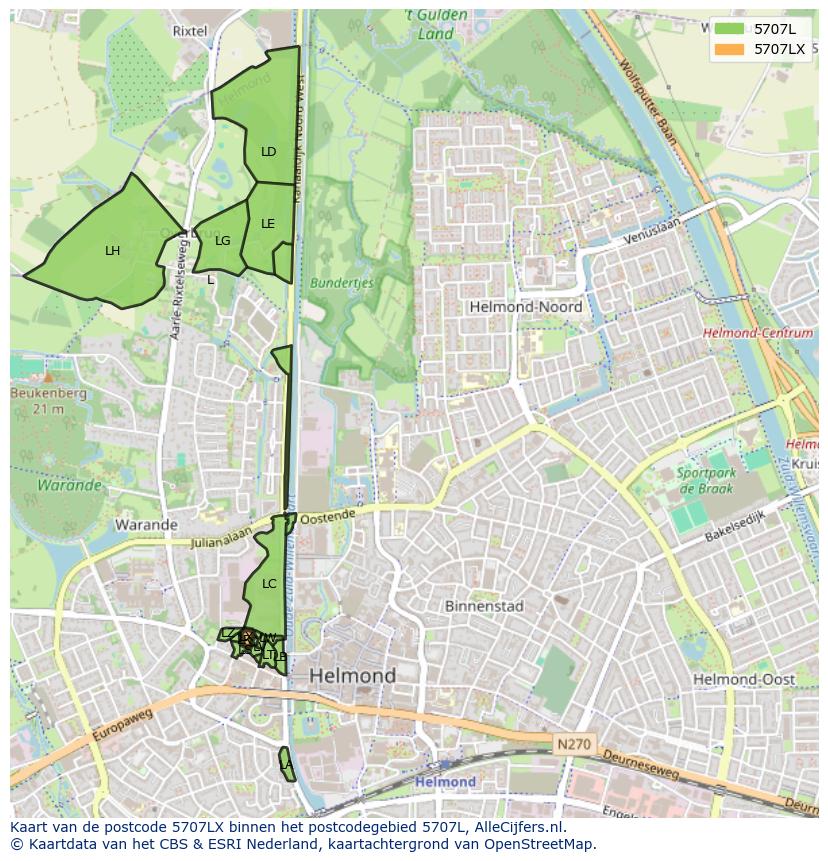 Afbeelding van het postcodegebied 5707 LX op de kaart.