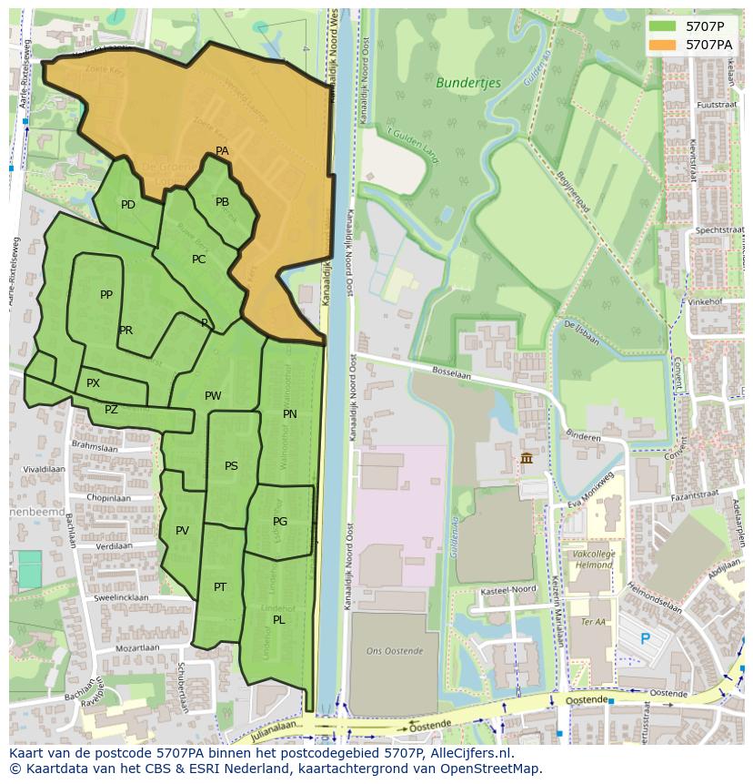 Afbeelding van het postcodegebied 5707 PA op de kaart.
