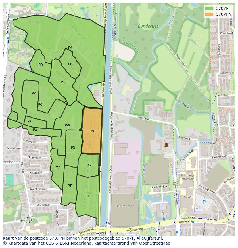 Afbeelding van het postcodegebied 5707 PN op de kaart.
