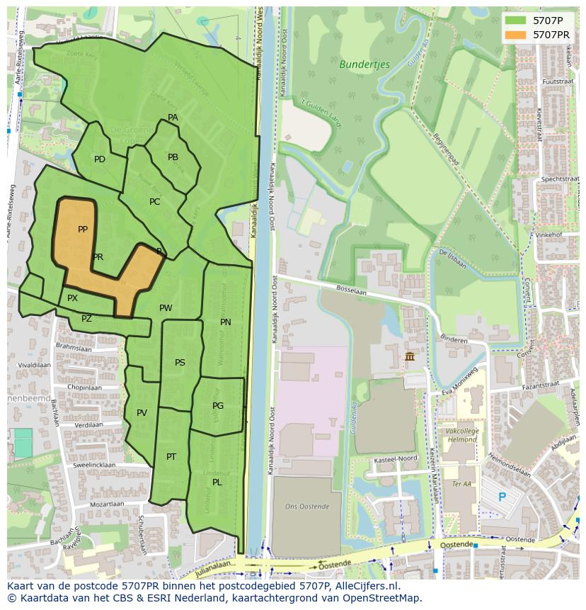 Afbeelding van het postcodegebied 5707 PR op de kaart.