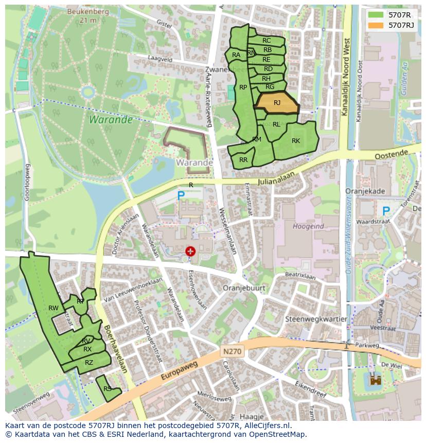 Afbeelding van het postcodegebied 5707 RJ op de kaart.