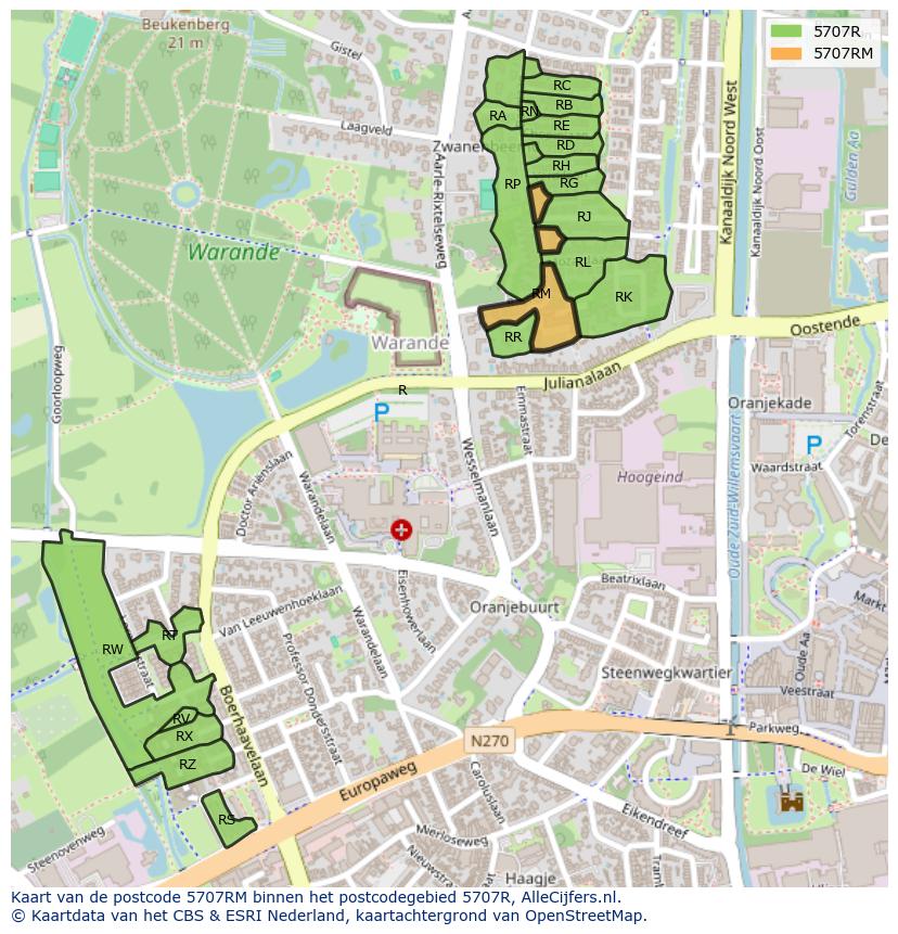 Afbeelding van het postcodegebied 5707 RM op de kaart.