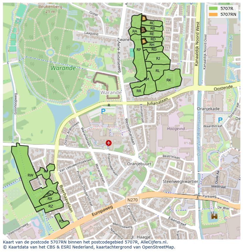 Afbeelding van het postcodegebied 5707 RN op de kaart.