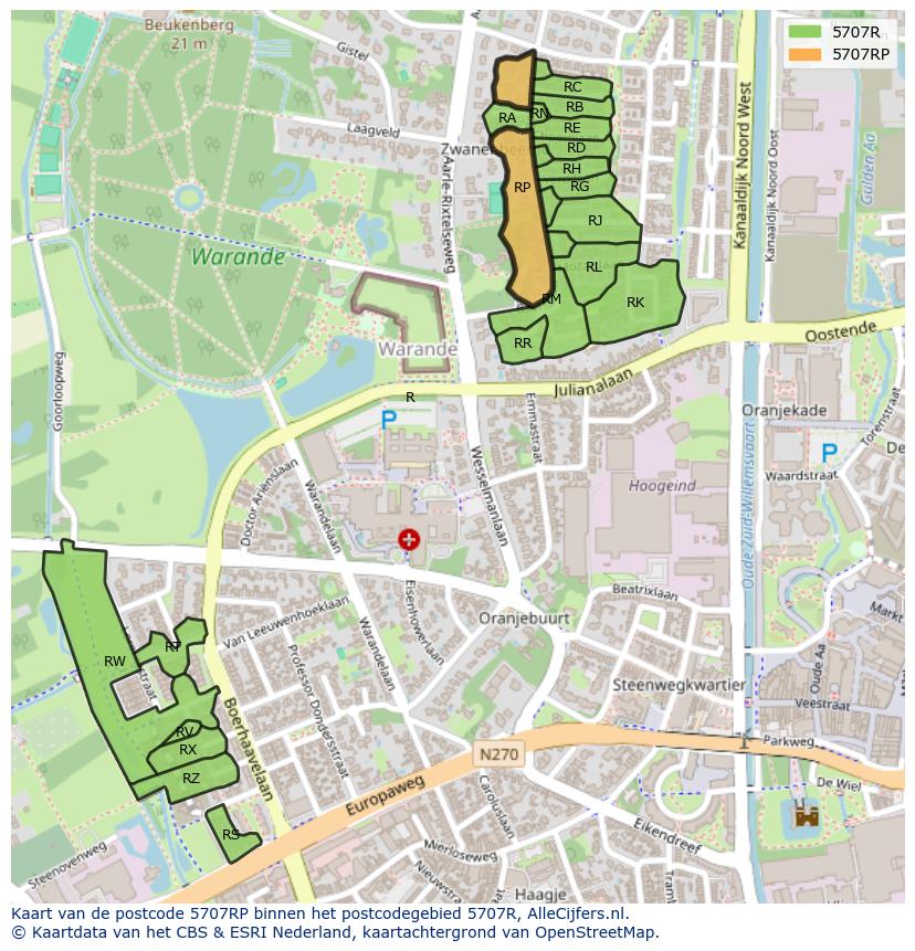 Afbeelding van het postcodegebied 5707 RP op de kaart.