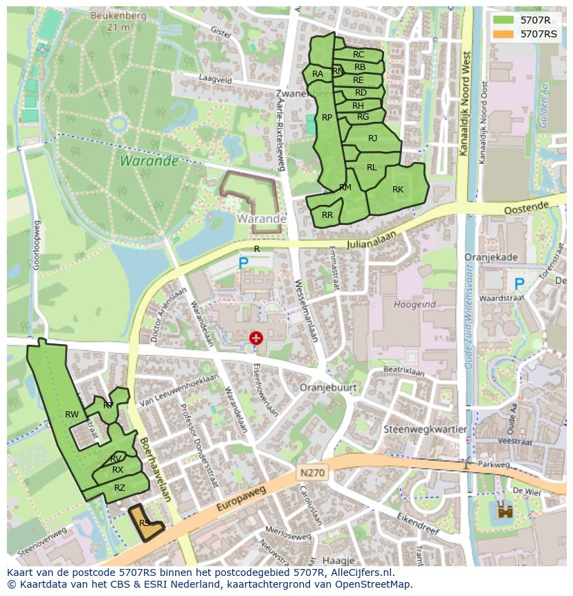 Afbeelding van het postcodegebied 5707 RS op de kaart.