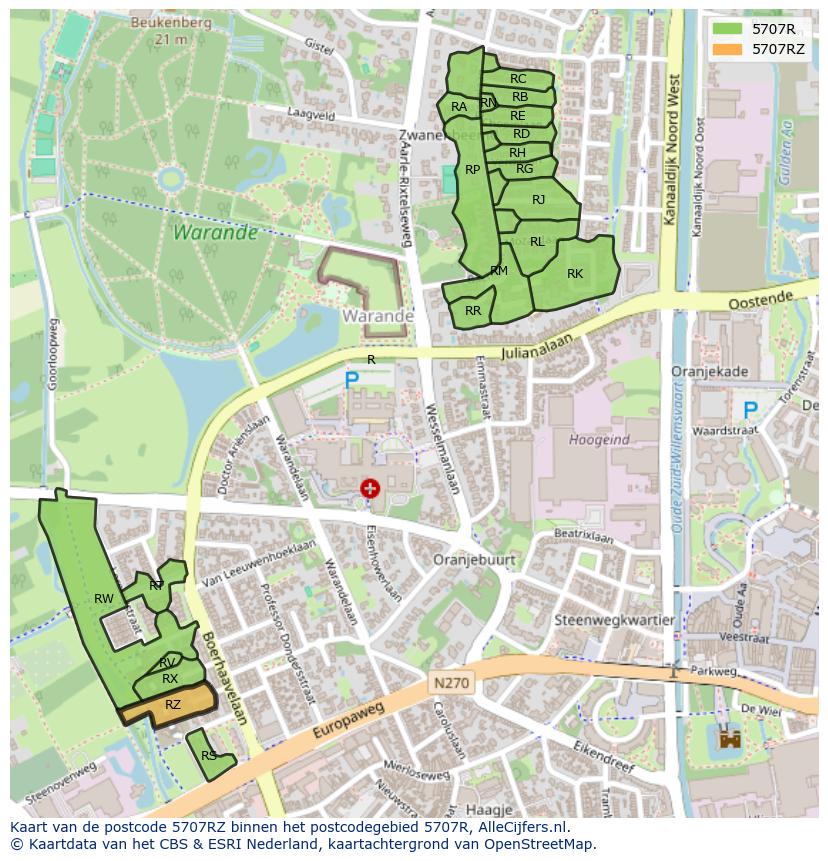 Afbeelding van het postcodegebied 5707 RZ op de kaart.