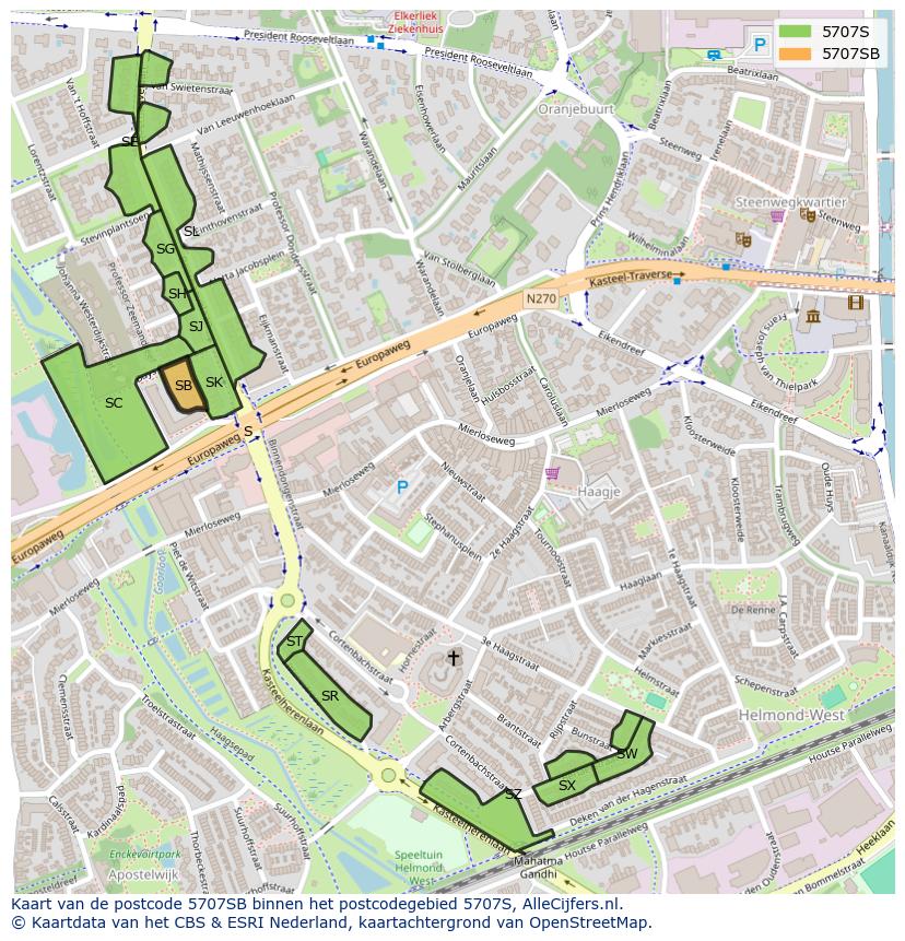 Afbeelding van het postcodegebied 5707 SB op de kaart.