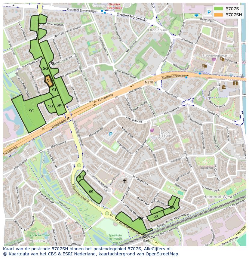 Afbeelding van het postcodegebied 5707 SH op de kaart.