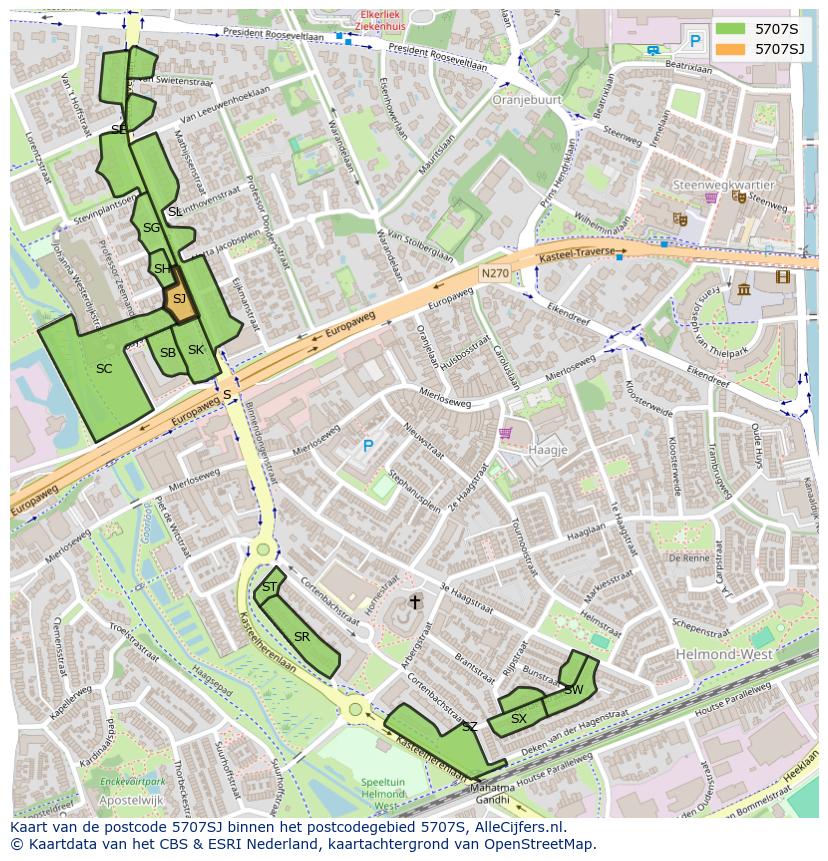 Afbeelding van het postcodegebied 5707 SJ op de kaart.