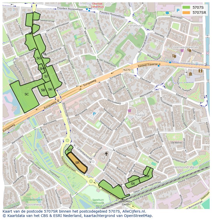 Afbeelding van het postcodegebied 5707 SR op de kaart.