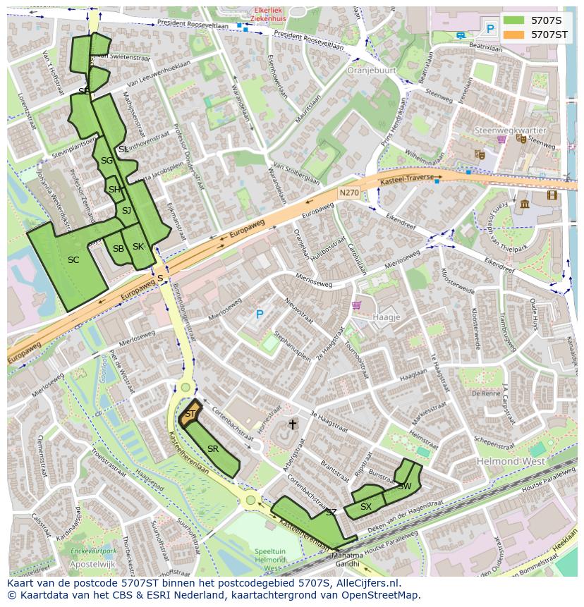 Afbeelding van het postcodegebied 5707 ST op de kaart.