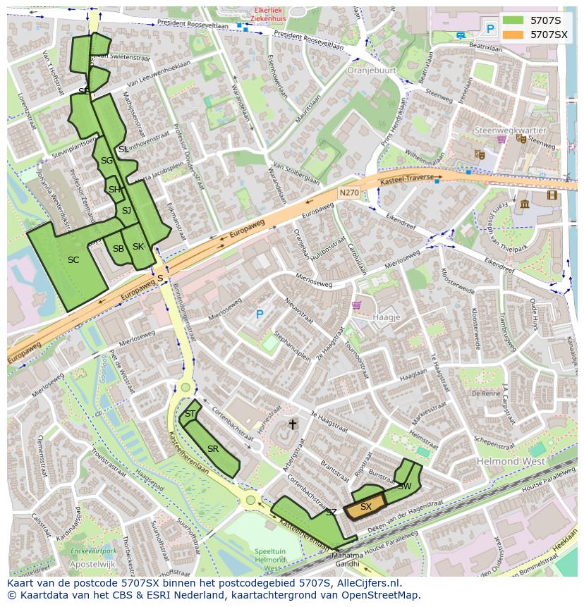 Afbeelding van het postcodegebied 5707 SX op de kaart.