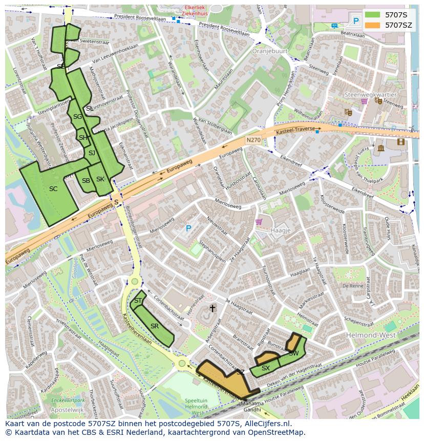 Afbeelding van het postcodegebied 5707 SZ op de kaart.